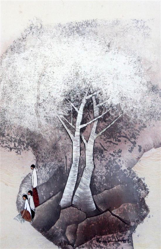 Tay Bak Koi (Singaporean, 1939-2005), gouache on paper, three figures beside two trees, signed, 31 x 21cm